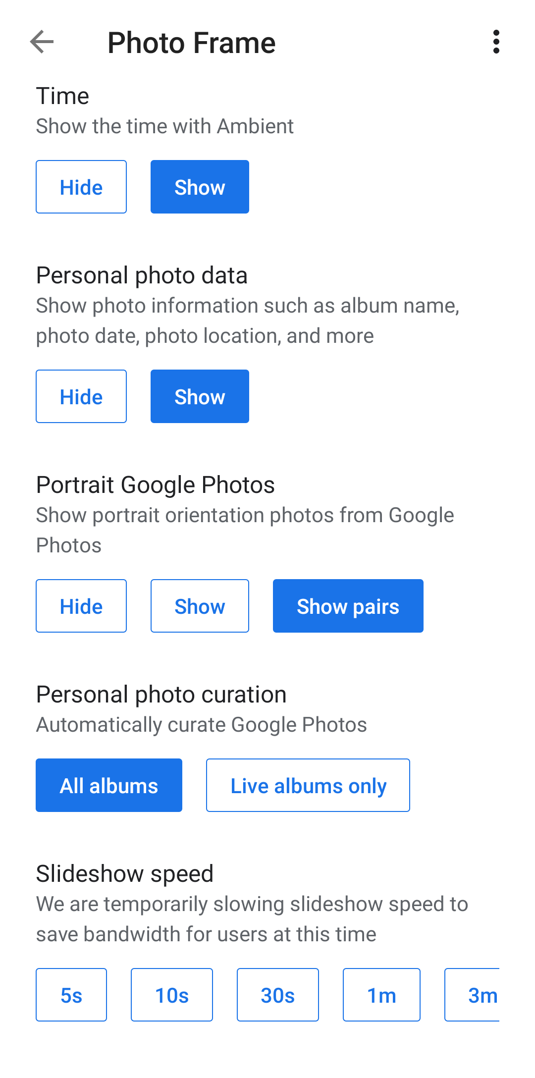 Screenshot shows the Photo Frame settings options in the Google Home app.