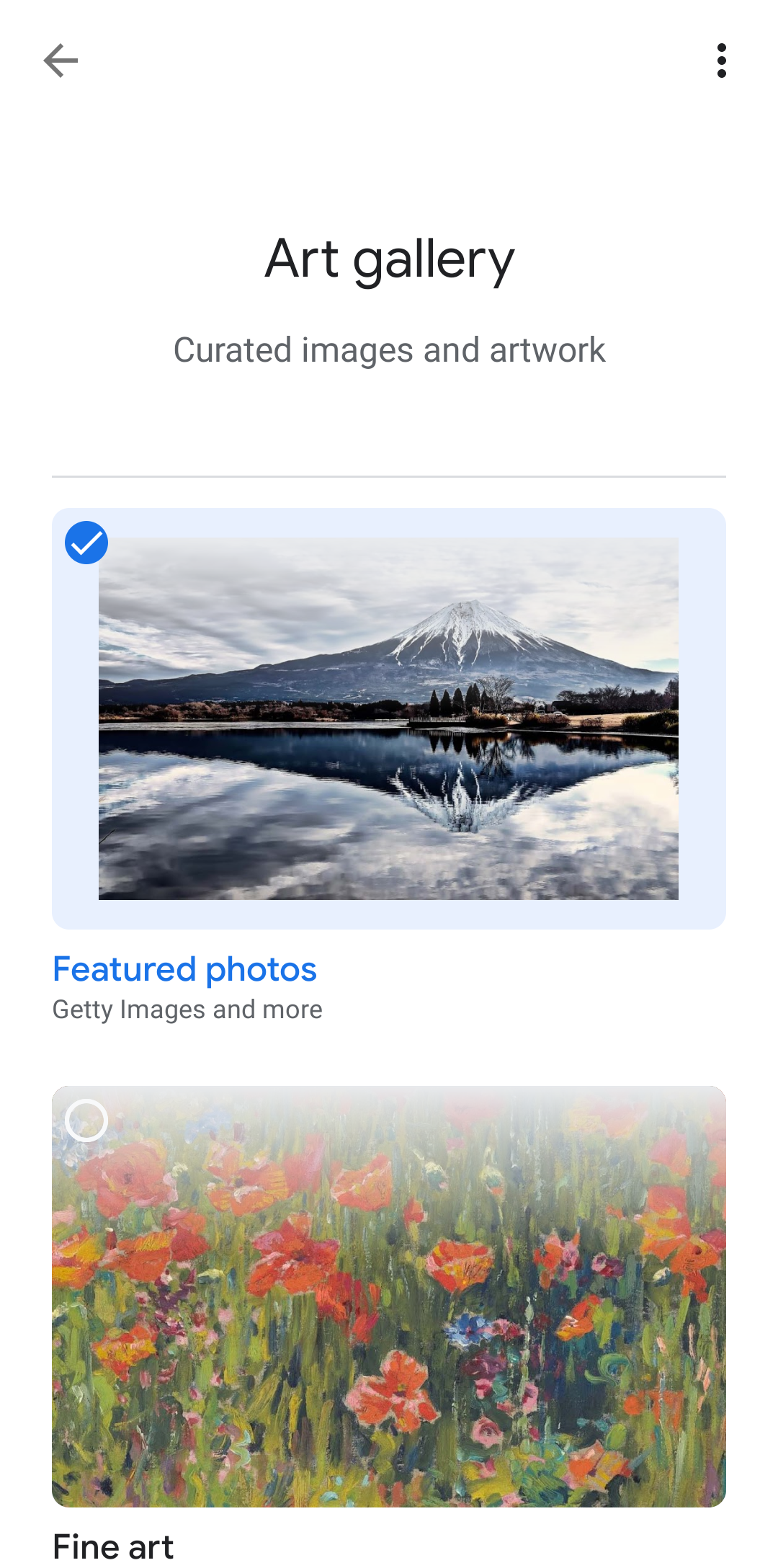 Screenshot shows the Art gallery image display option for in the Google Home app.
