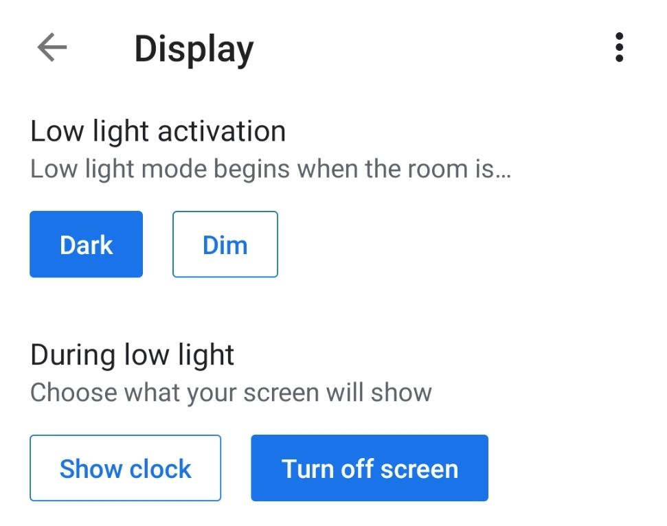 Screenshot shows the low light Display settings options in the Google Home app.