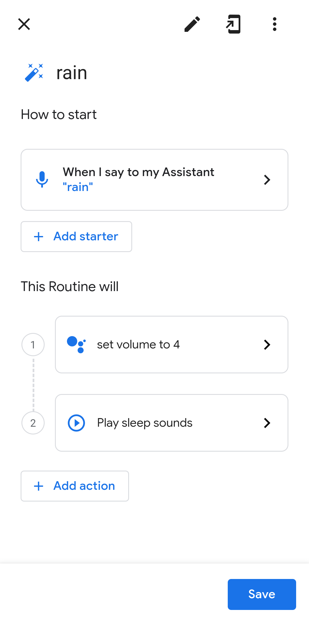 Screenshot shows the settings options for a specific Routine in the Google Home app.
