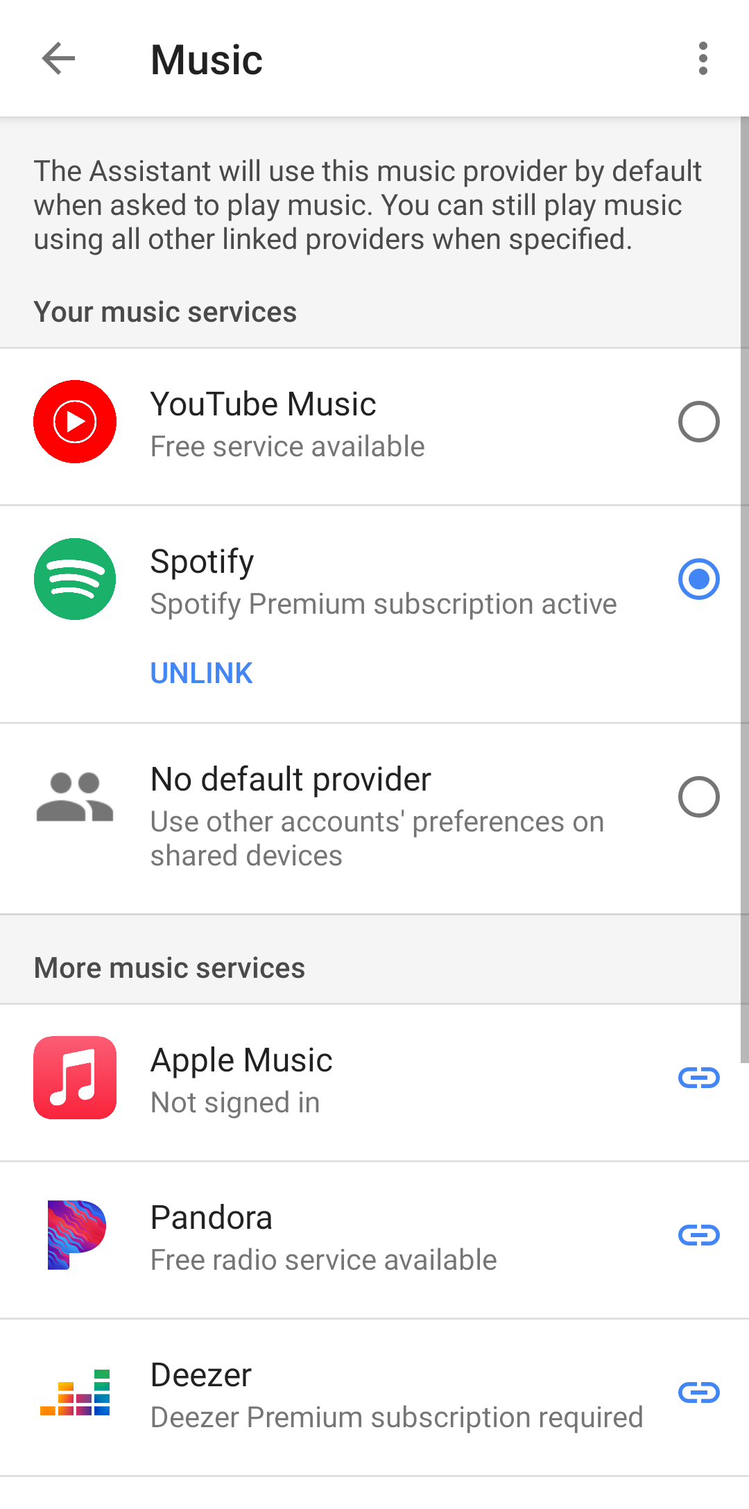 Screenshot shows the Music settings page in the Google Home app.