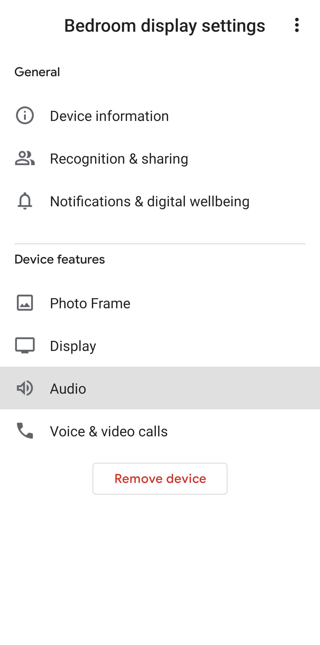 Screenshot shows the Bedroom display settings page in the Google Home app.