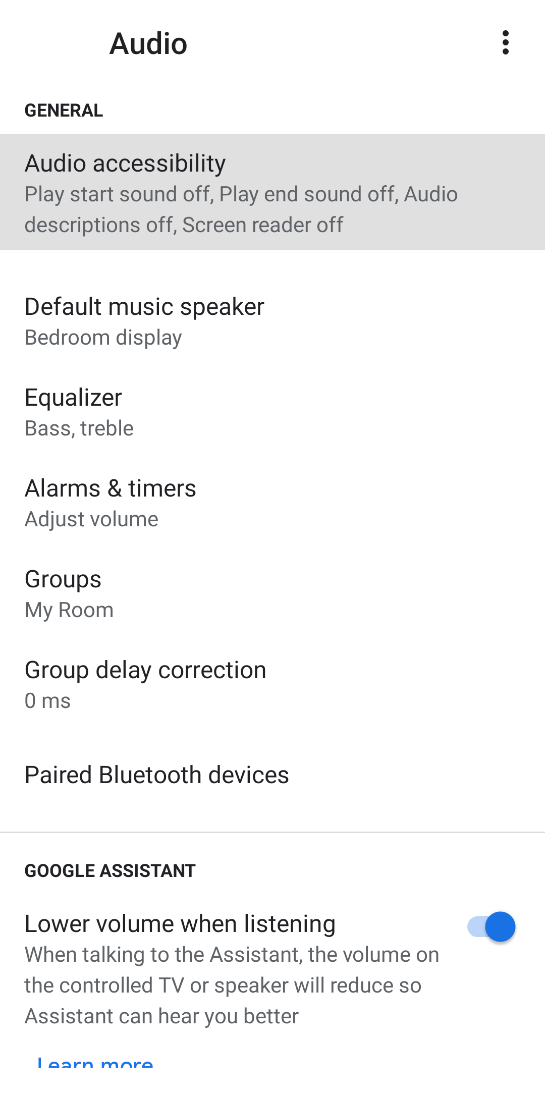 Screenshot shows the Audio settings page in the Google home app.