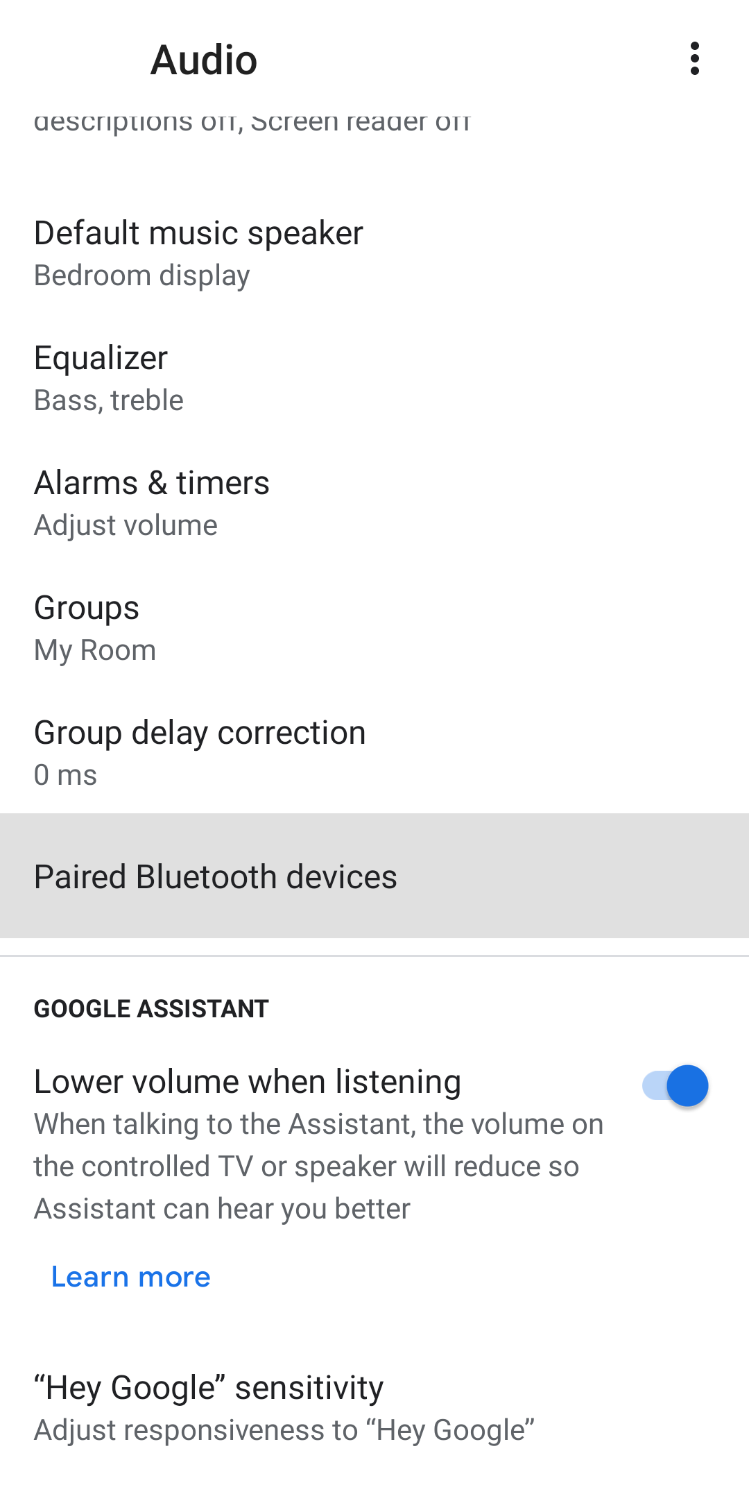 Screenshot shows the Audio settings page in the Google Home app. 'Pair Bluetooth devices' is highlighted.