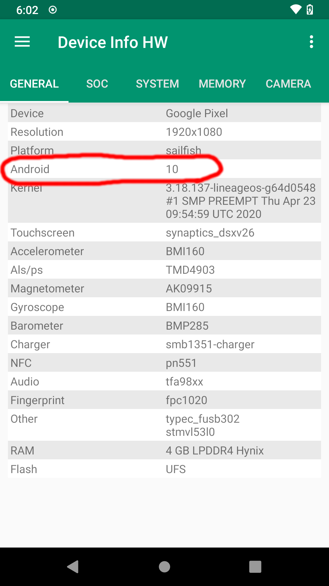 the Device Info HW app showing basic specs, with the version of Android circled in red.