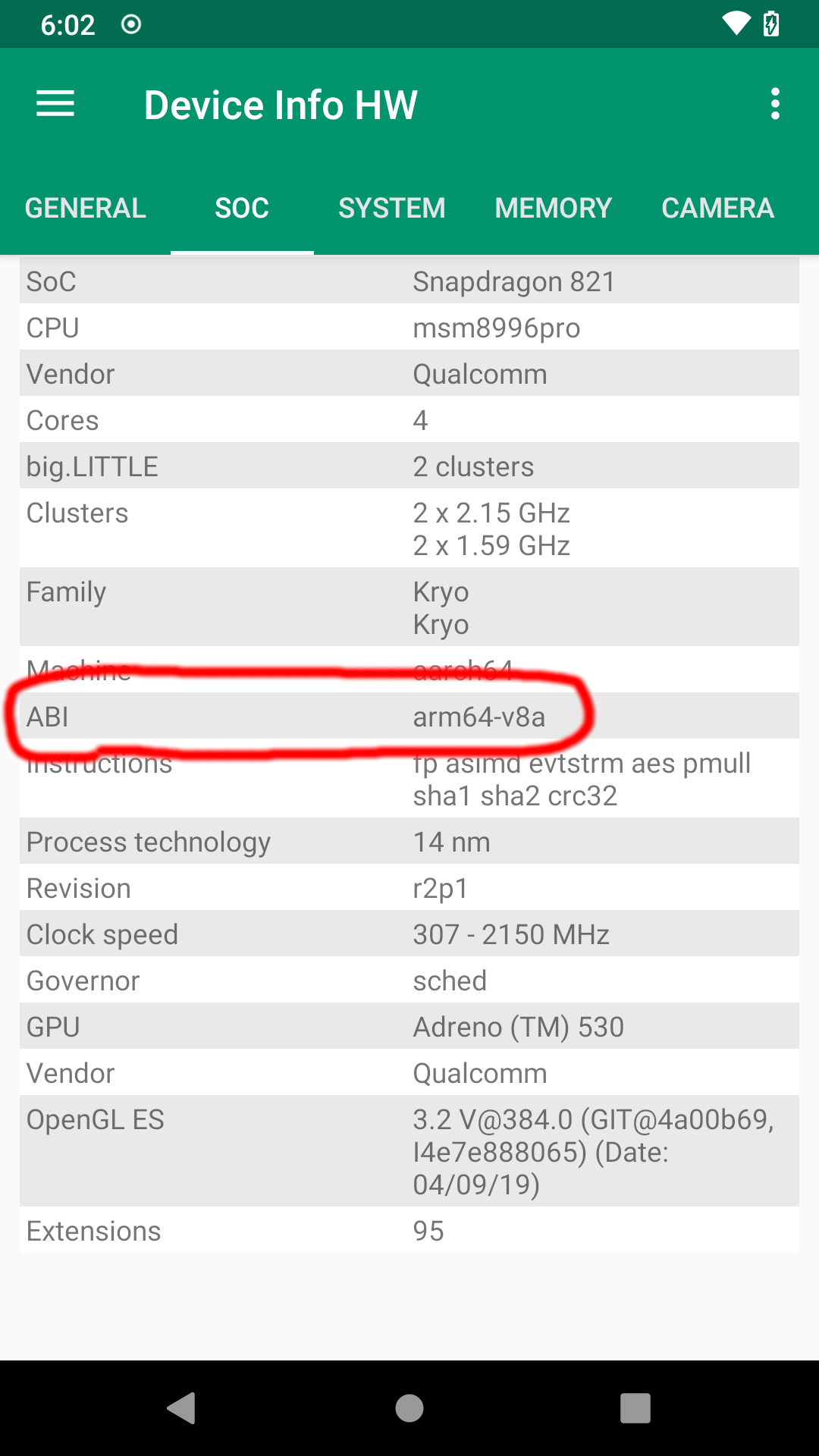The SoC page in Device Info HW, with the ABI settings circled in red.