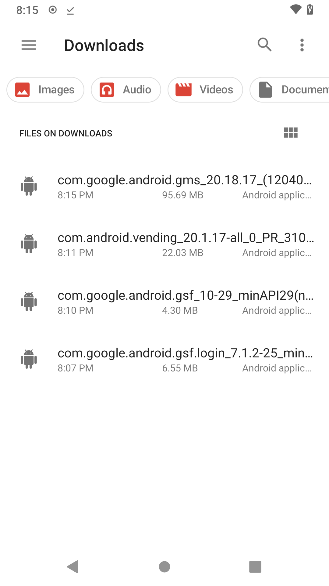 A list of APK downloads shown in a file manager on Android