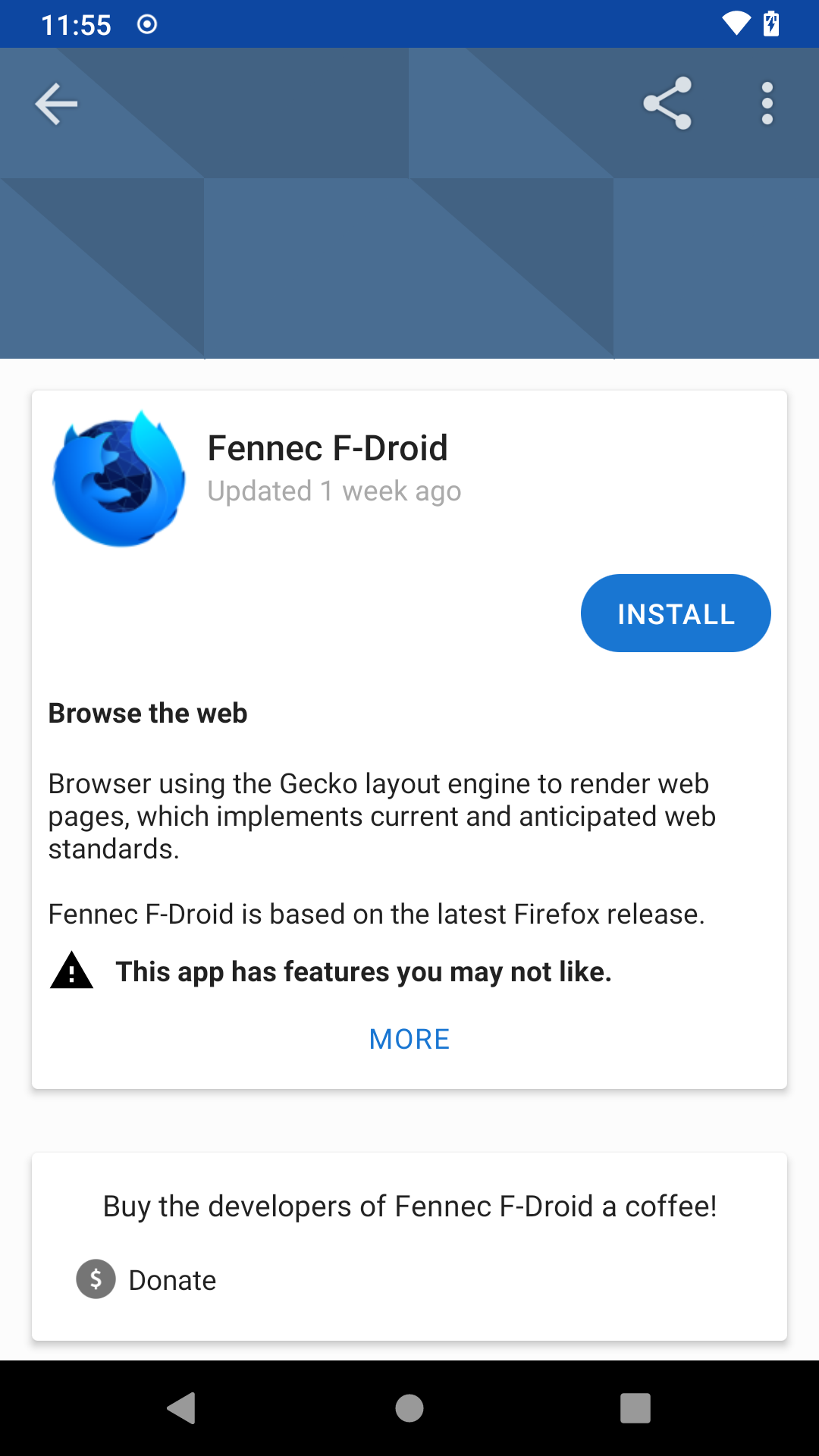 The app page for Fennec on F-Droid, an open source fork of Firefox