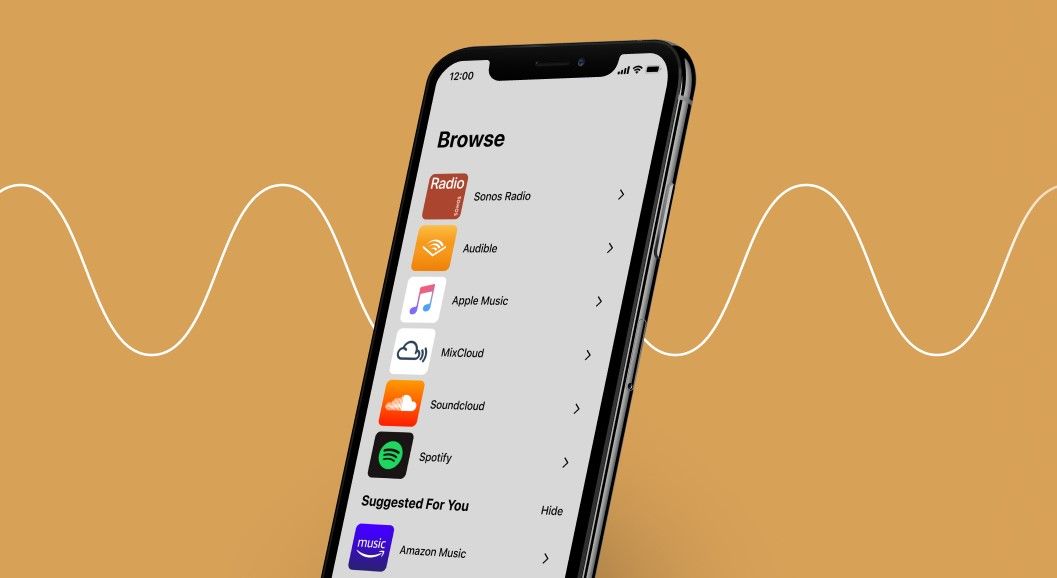 Sonos S2 app on phone screen with gold background