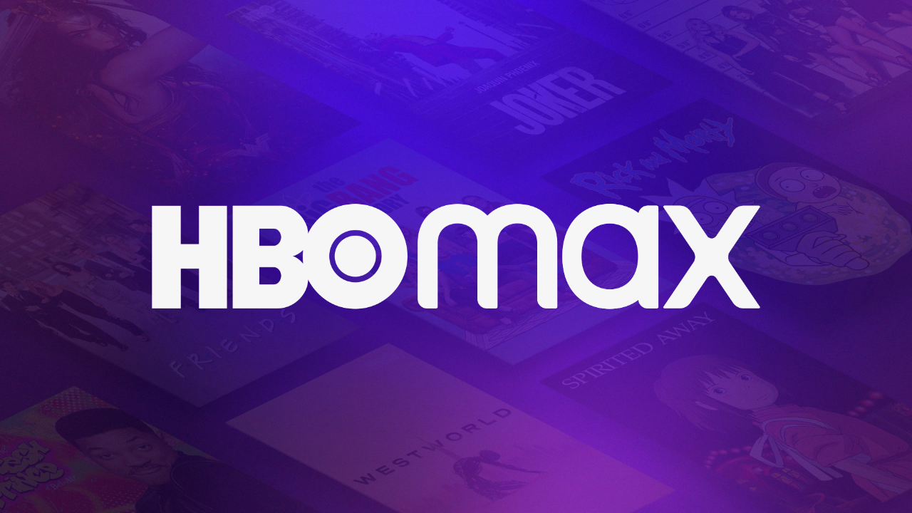 O logotipo da HBO Max contra um fundo de pôsteres de filmes sem som
