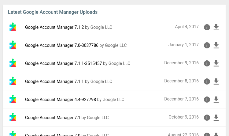 The list of Google Account Manager APKs available on APK Mirror.