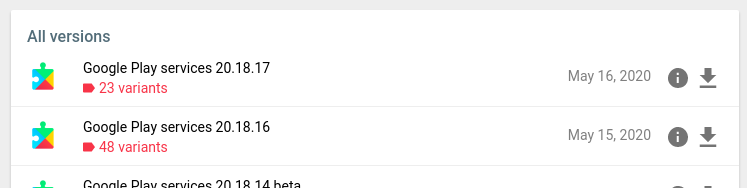 Google Play Services files as shown on APK Mirror's search results