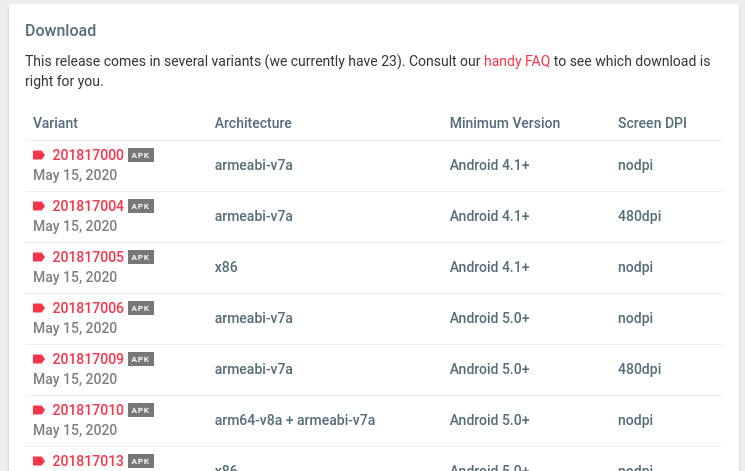 Download links for APKs on APK Mirror, with specific architectures and variants shown.