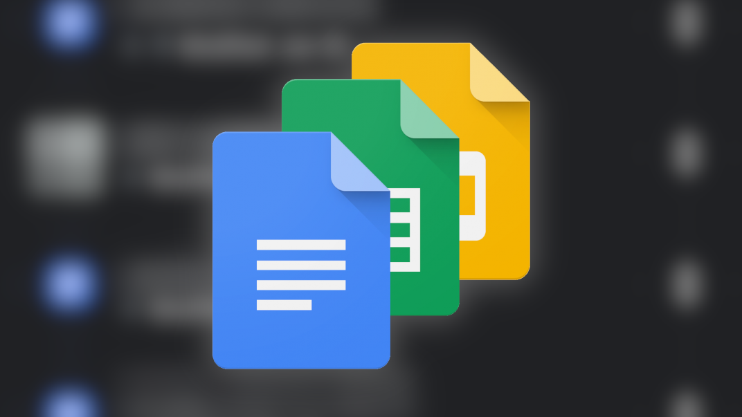 The Google Docs, Sheets, and Slides logos against a blurred background.
