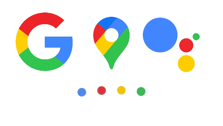 The Google, Google Maps, and Google Assistant logos