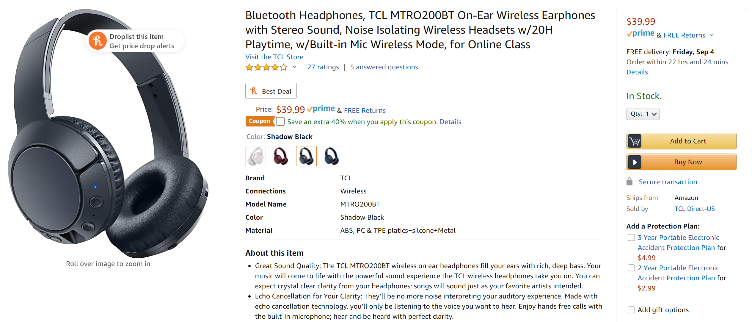 TCL MTRO200 wireless headphones with 20 