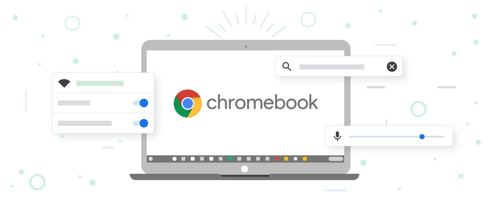 A drawing of a Chromebook with feature controls