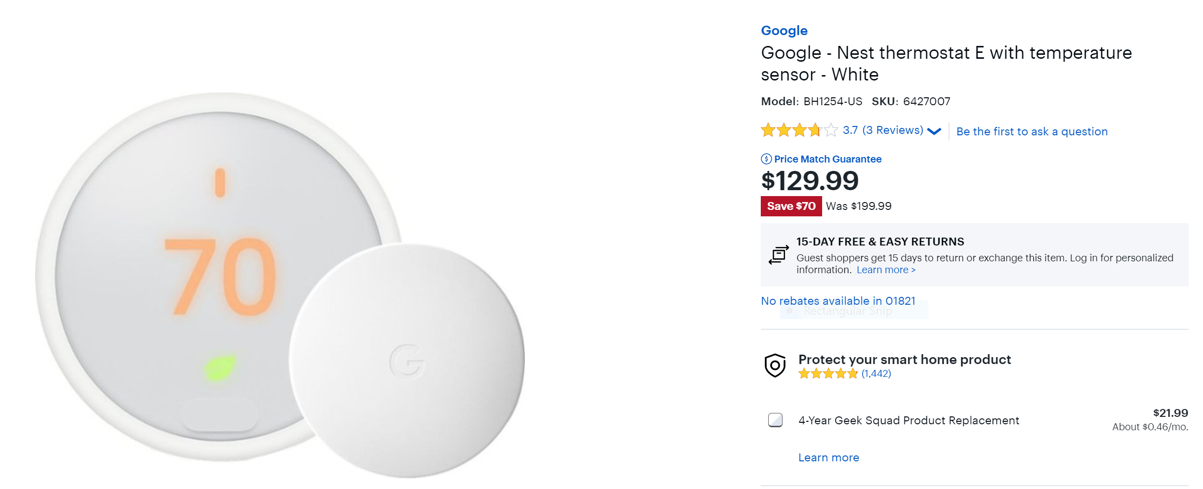 Nest Thermostat E bundled with temp sensor is just 130 (70 off) at