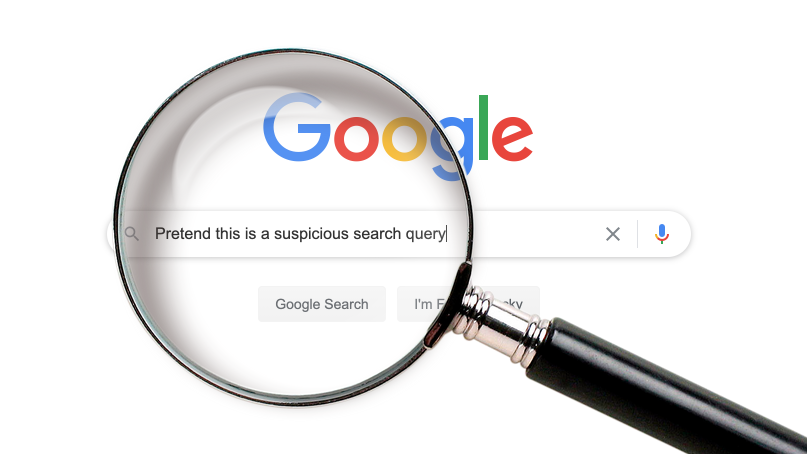 The Google Search page with a magnifying glass sitting on top of it