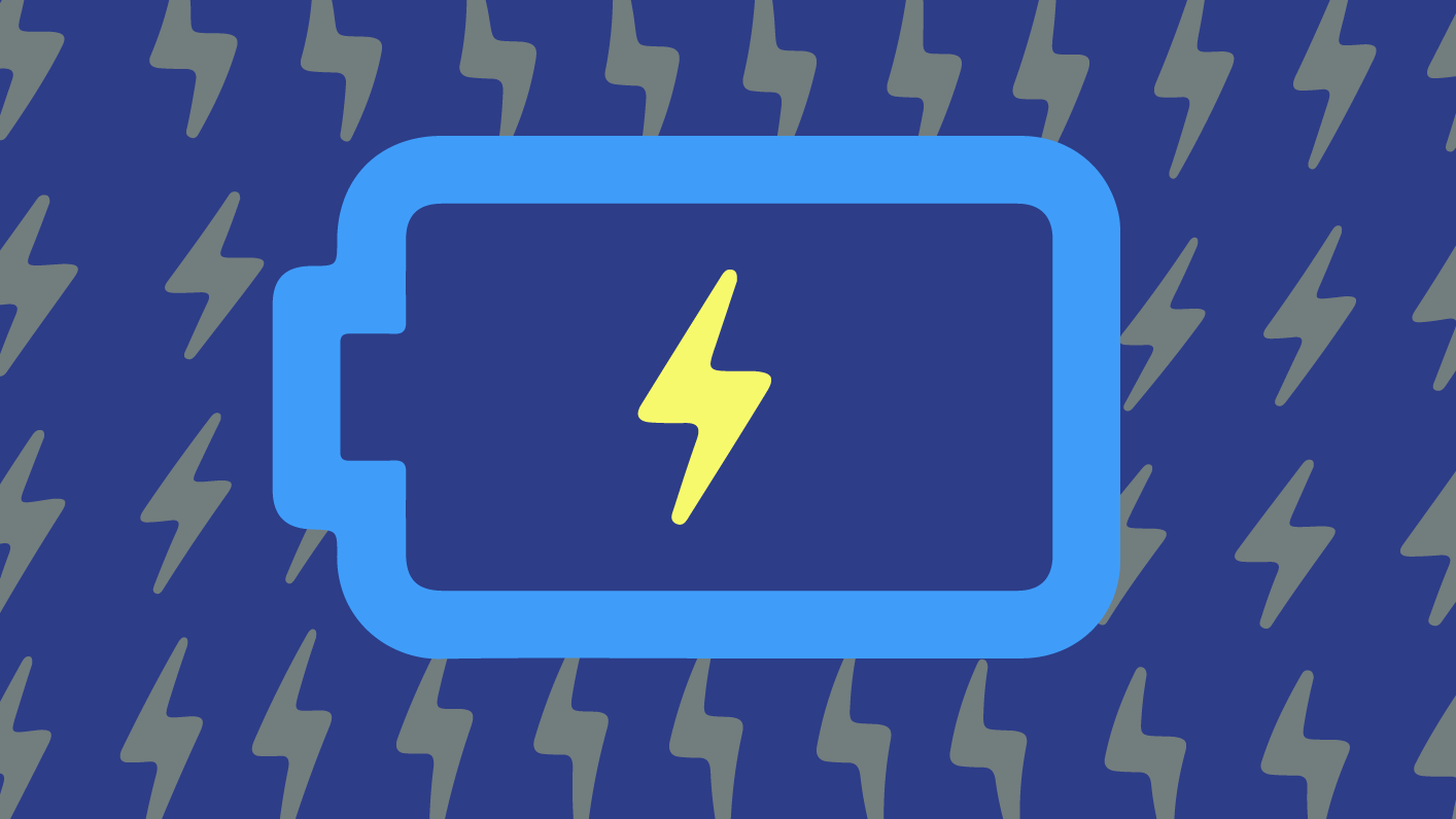 A stylized graphic of a blue battery icon with a charging lighting bolt in the middle