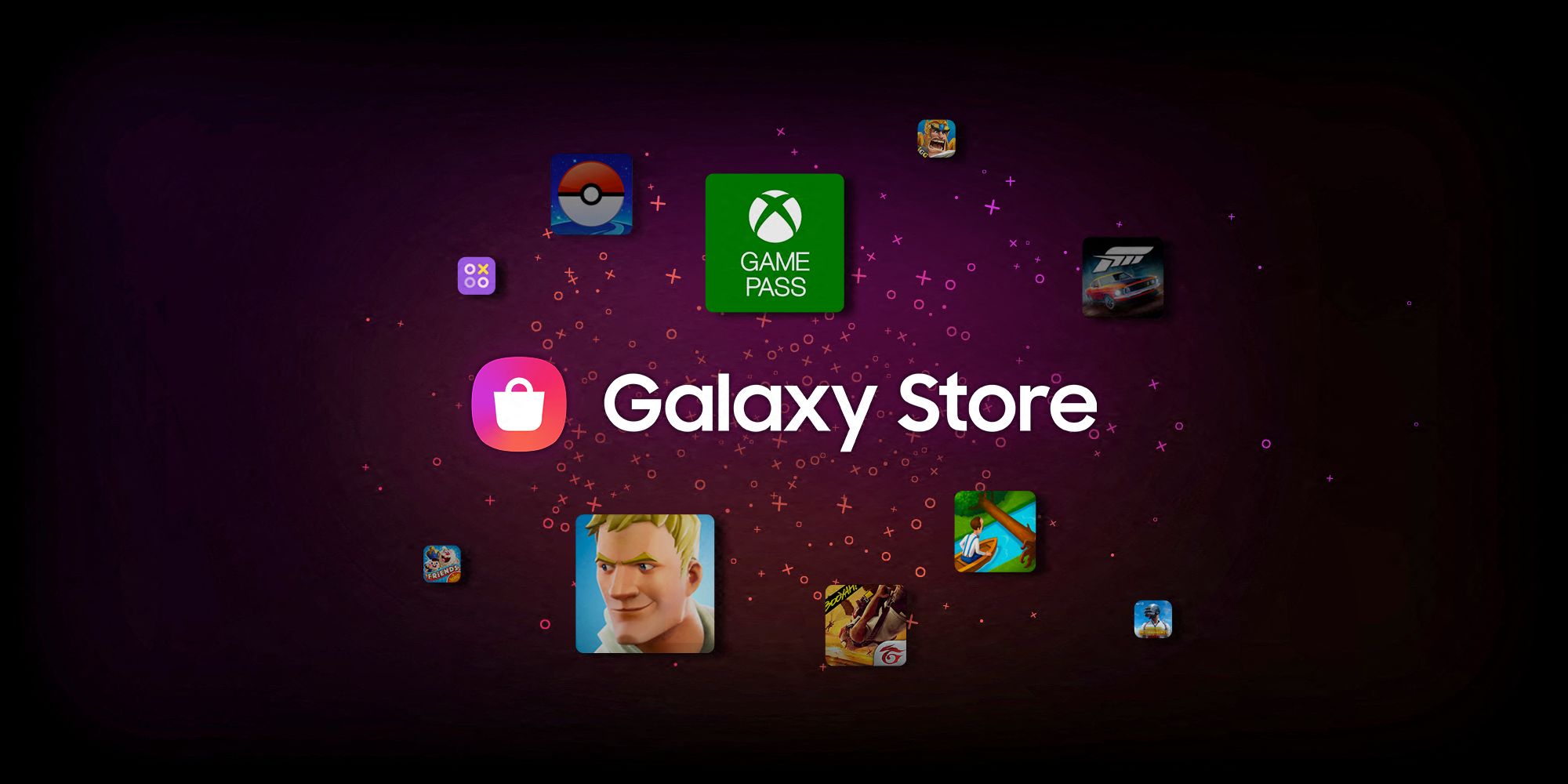 The Galaxy Store logo with the logos of a number of games and game related apps such as Xbox Game Pass and Fortnite