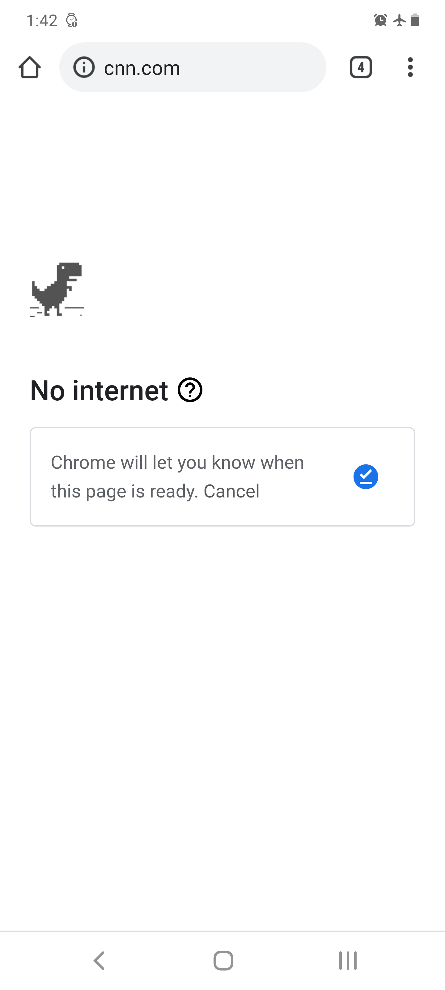 The no internet screen in the Google Chrome mobile app