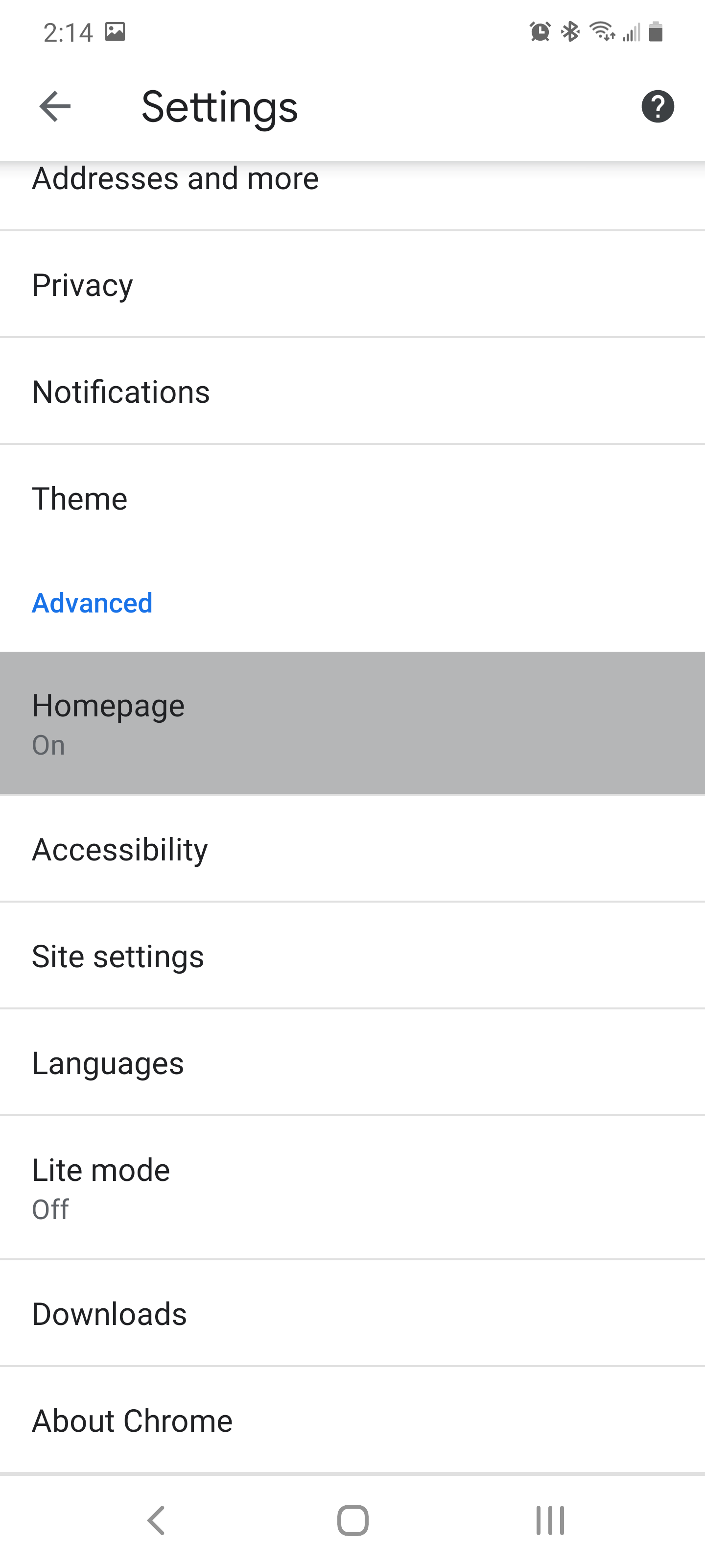 The Settings section of the Google Chrome app with the Homepage option highlighted