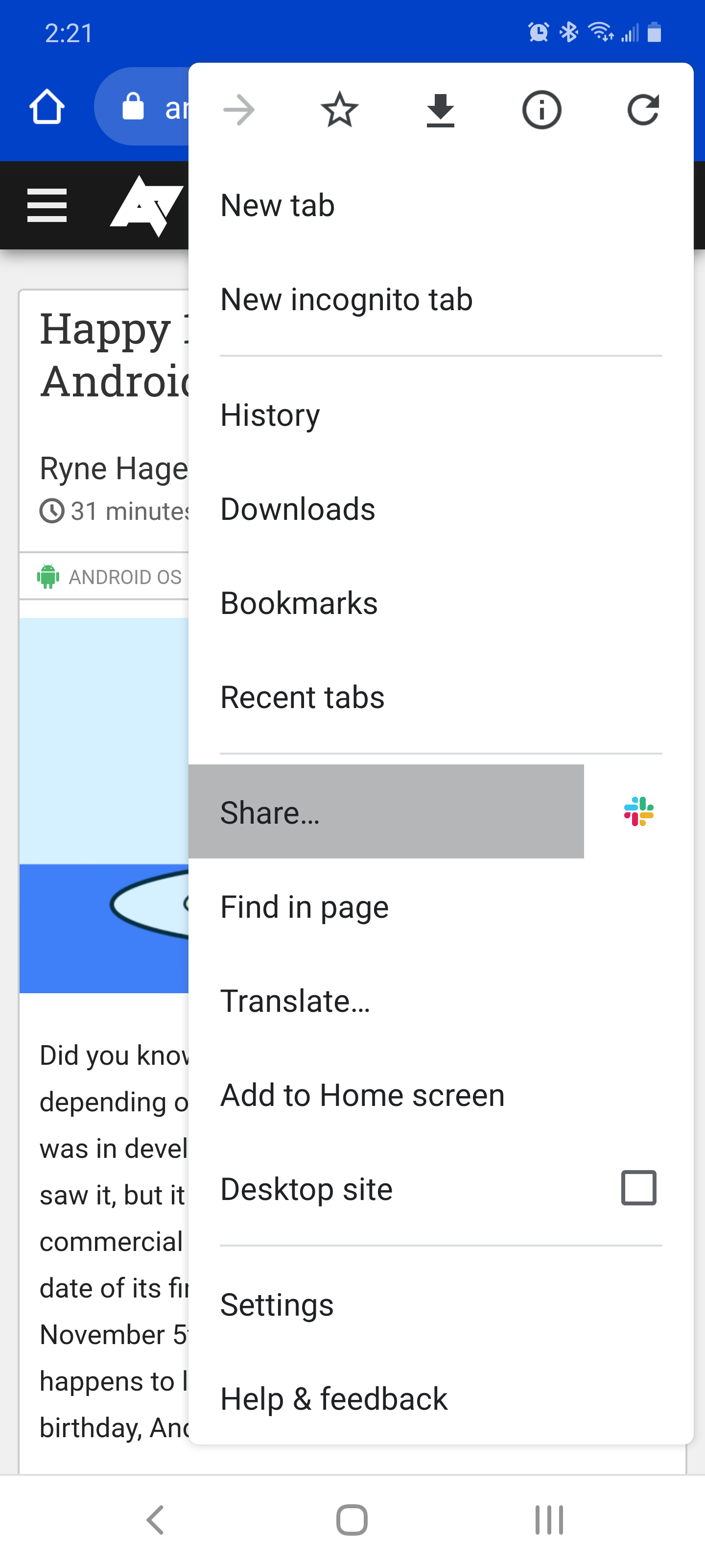 The three dots menu in the Chrome mobile app with the Share option highlighted