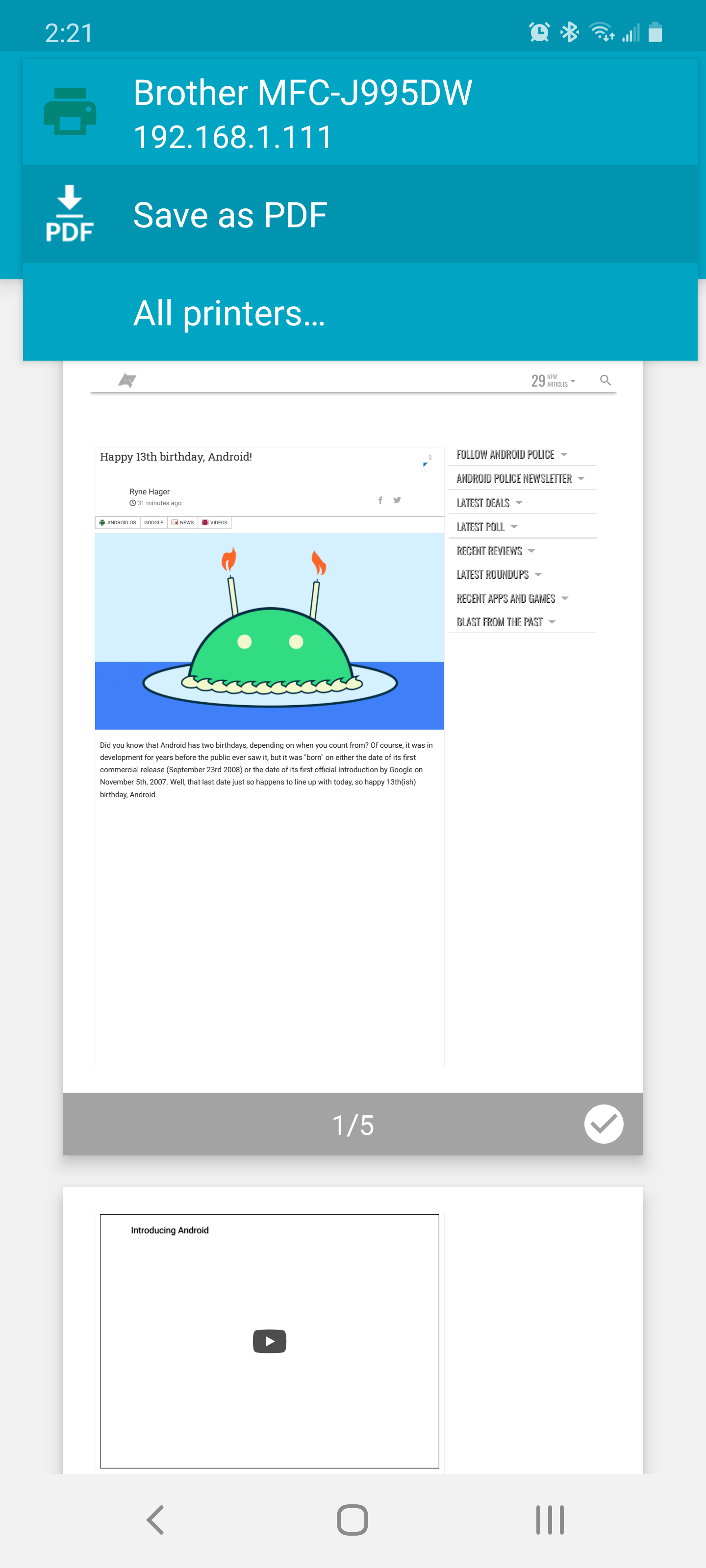 The print menu in the Chrome mobile app