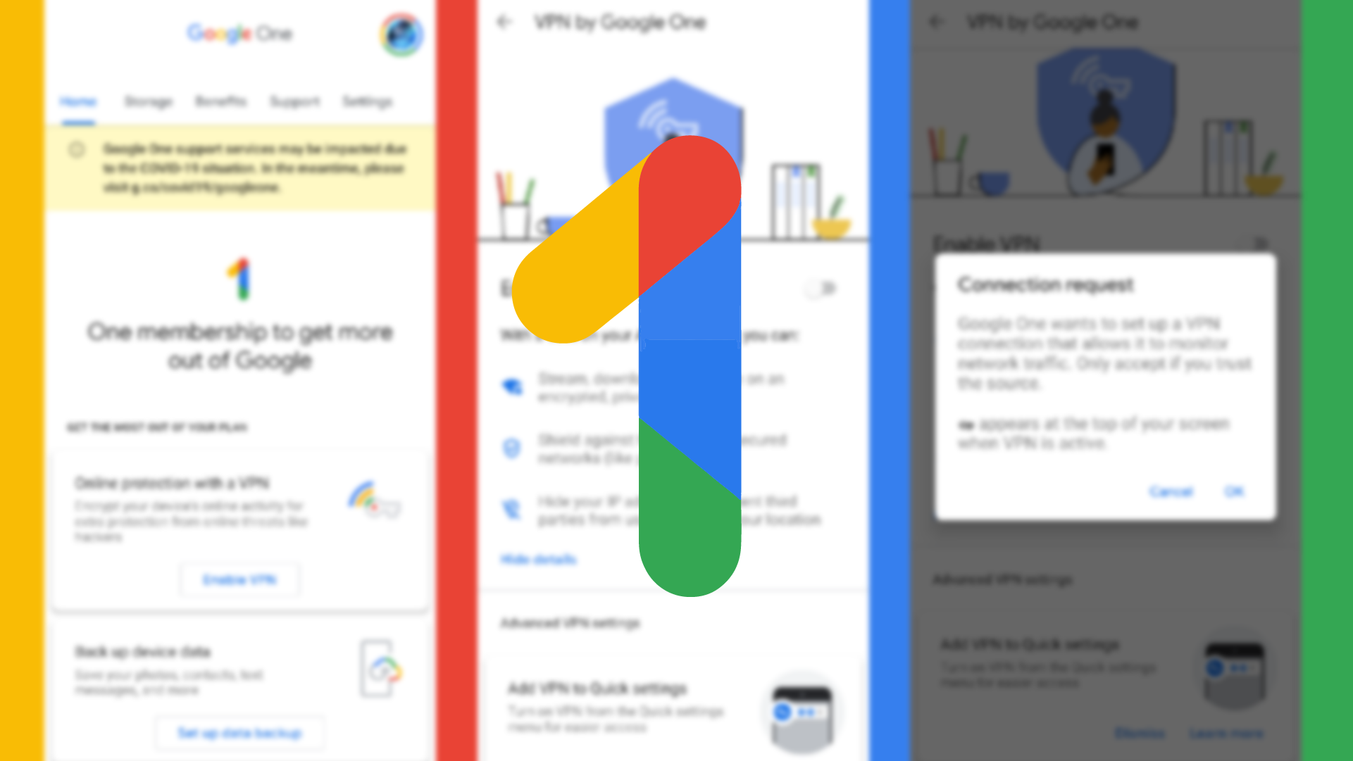 Logo Google One dengan tiga tangkapan layar aplikasi di latar belakang