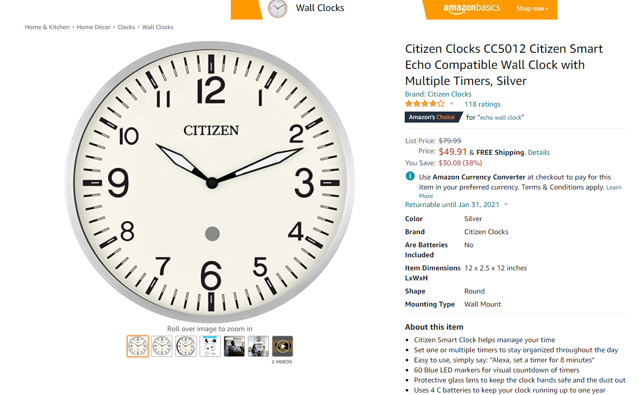 Grab Citizen's Echo-compatible smart wall clock for $50 ($30 off 