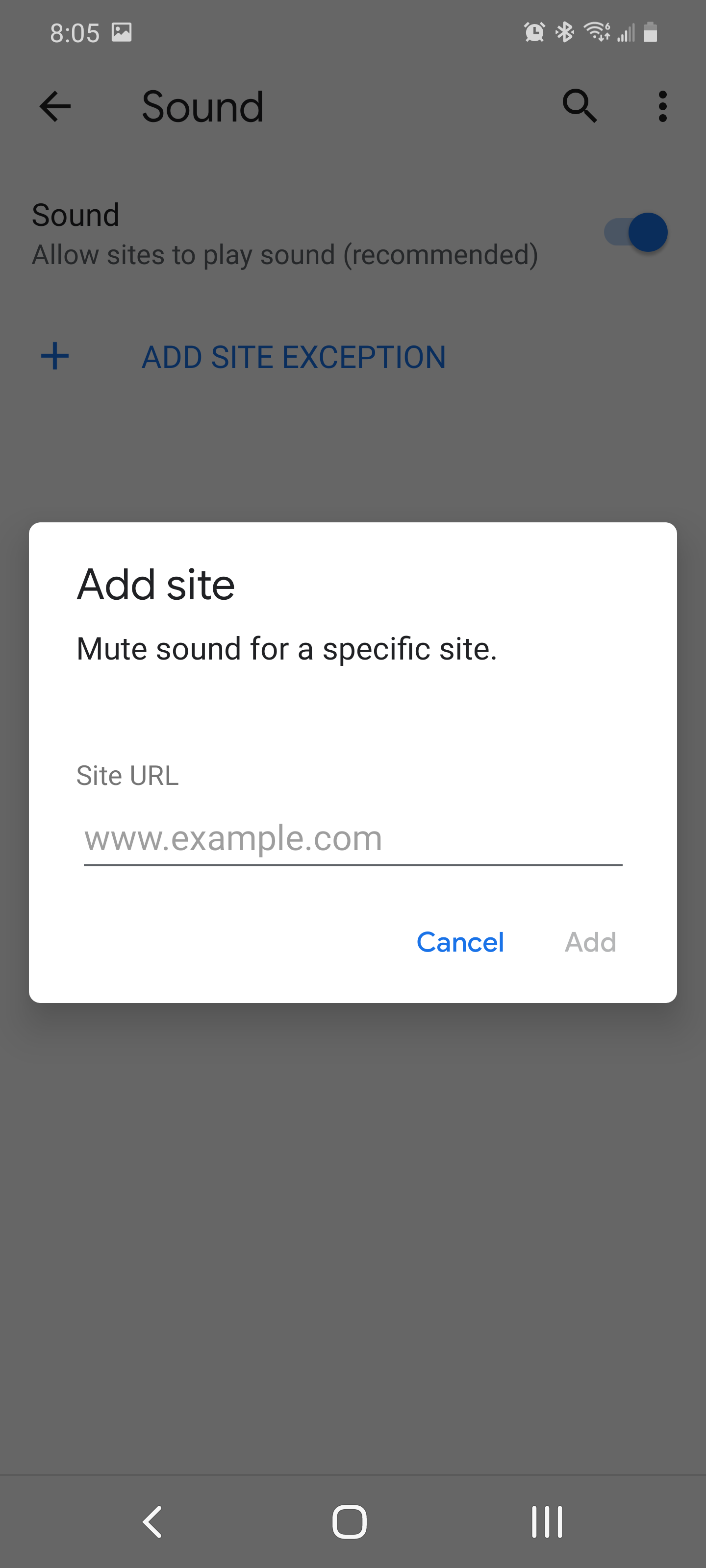 The Add site dialog box in the Sound settings in the Chrome mobile app