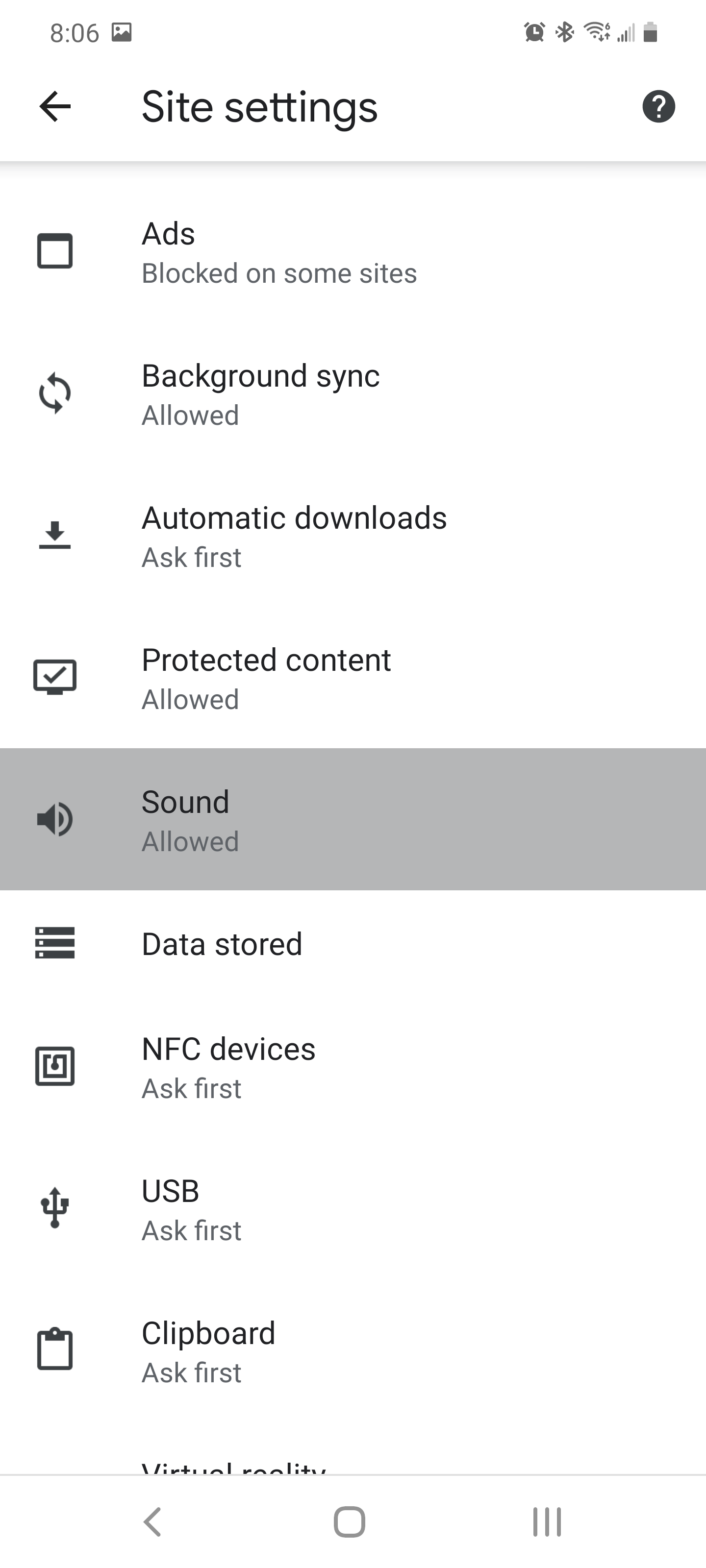 The Site settings menu in Chrome for mobile with the Sound option highlighted