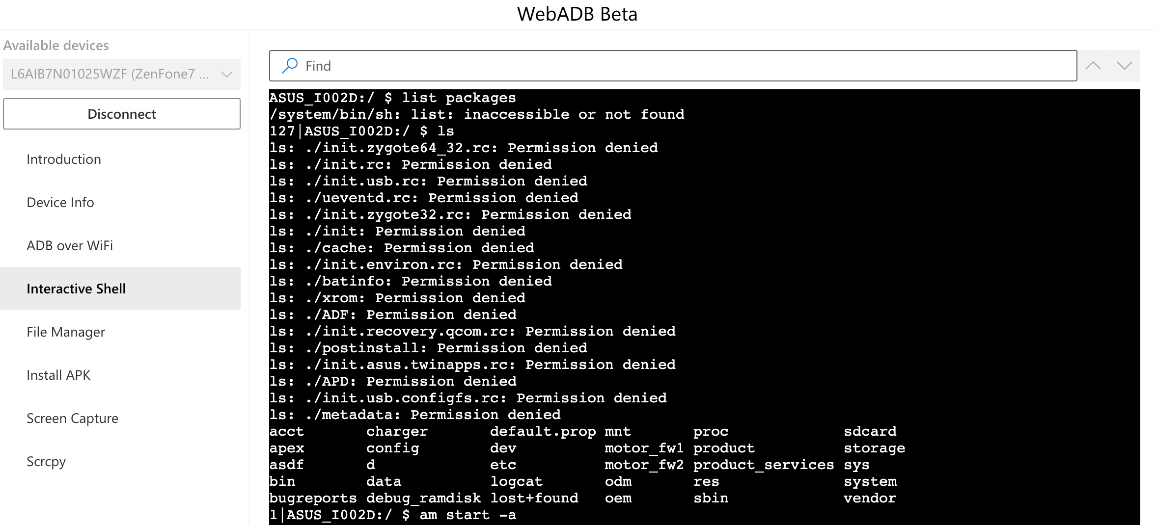 Screenshot showing WebADB in action