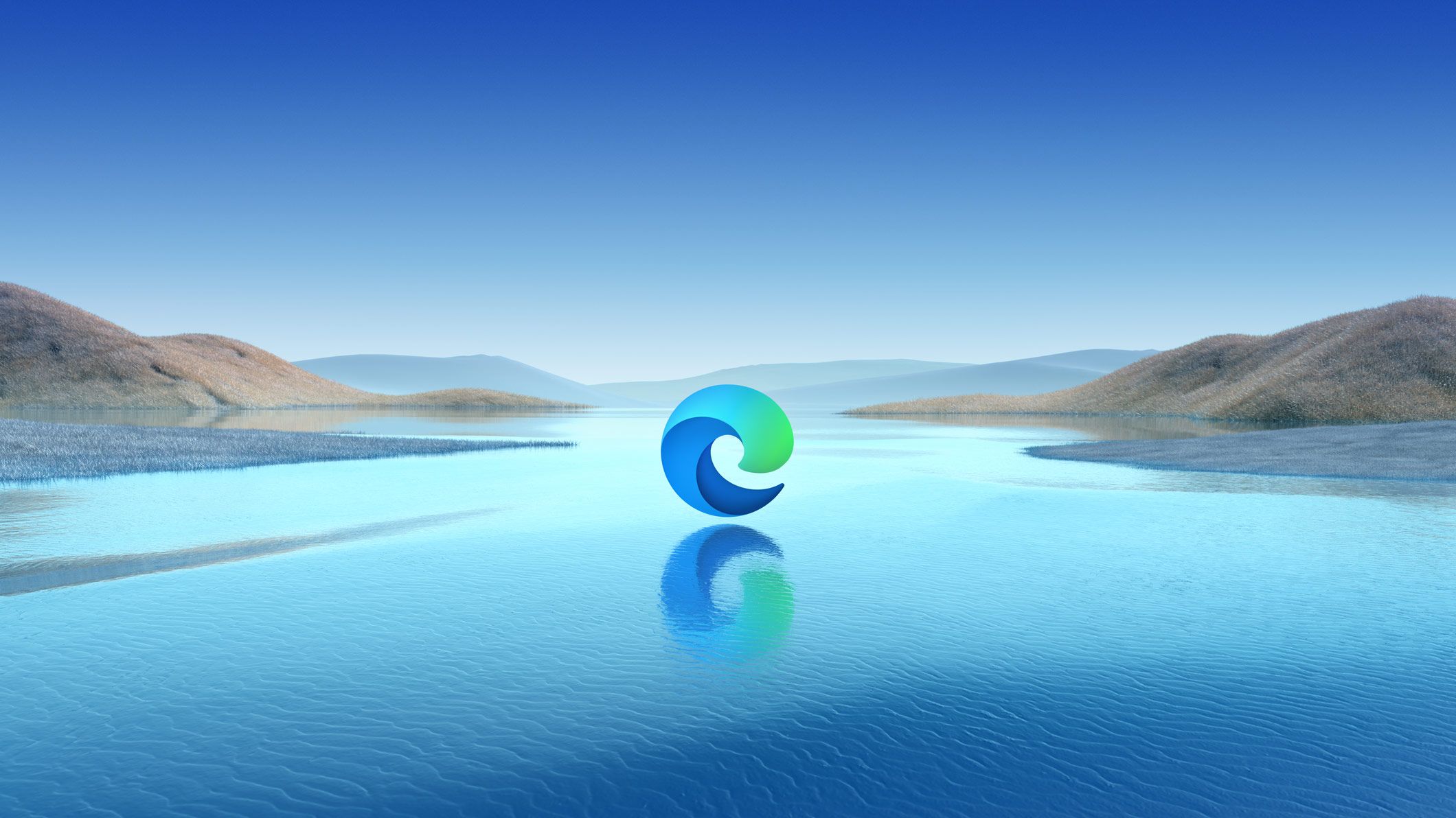Microsoft Edge logo sitting on a lake that surrounded by hills