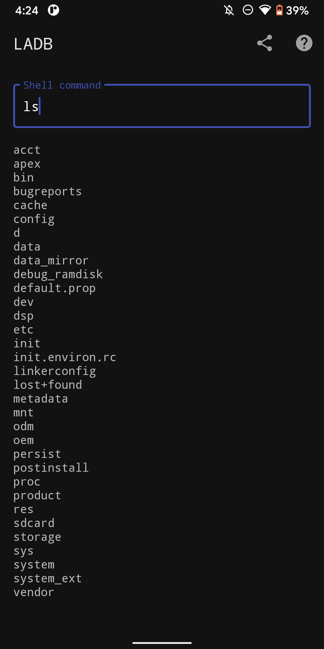 Screenshot showing LADB's command entry tool