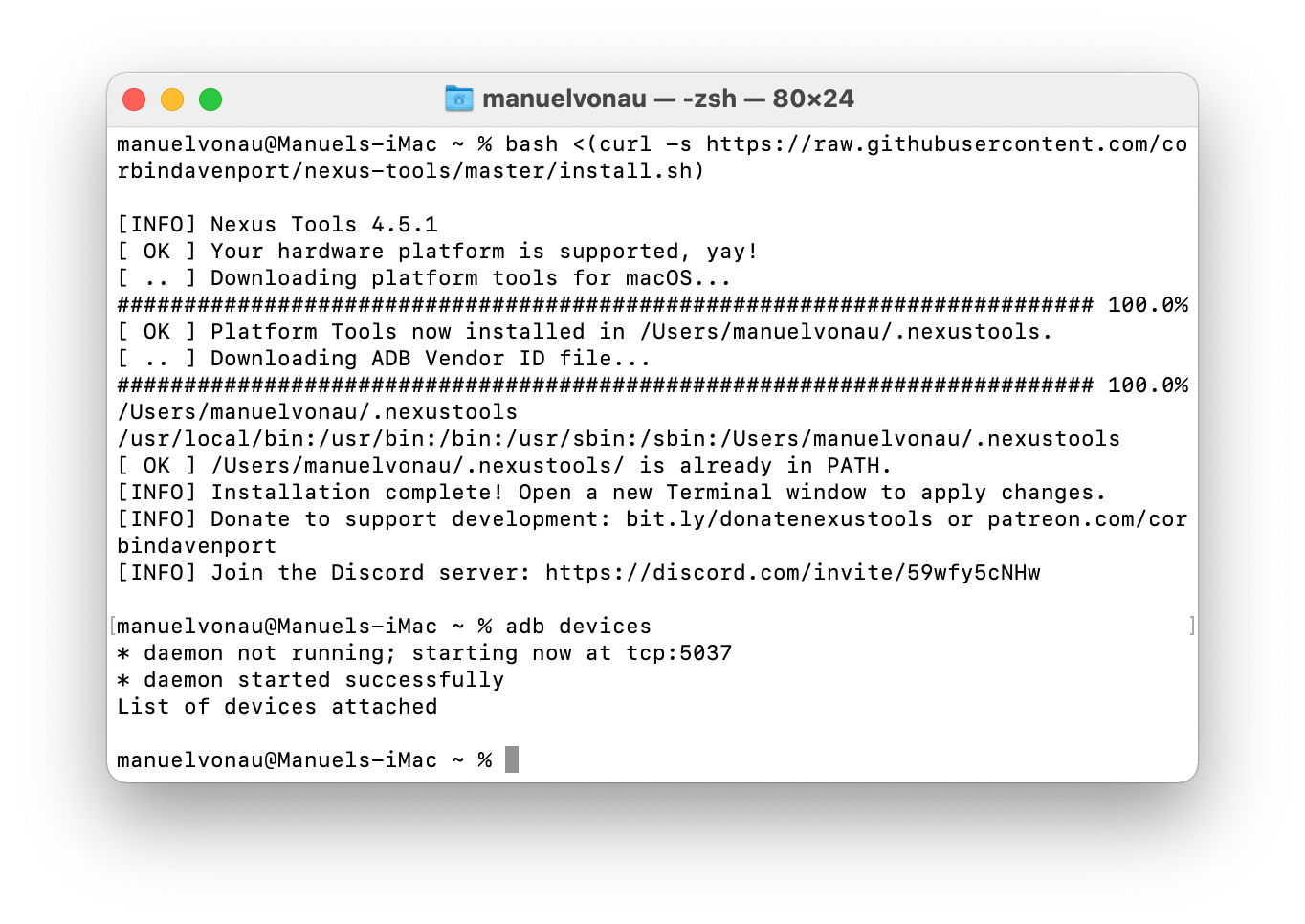 Screenshot of the Nexus Tools installation progress in a macOS terminal
