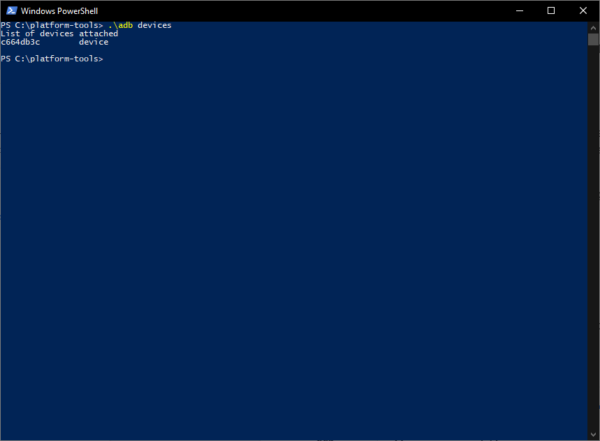 Screenshot of Windows PowerShell with ADB devices command confirming a phone is connected