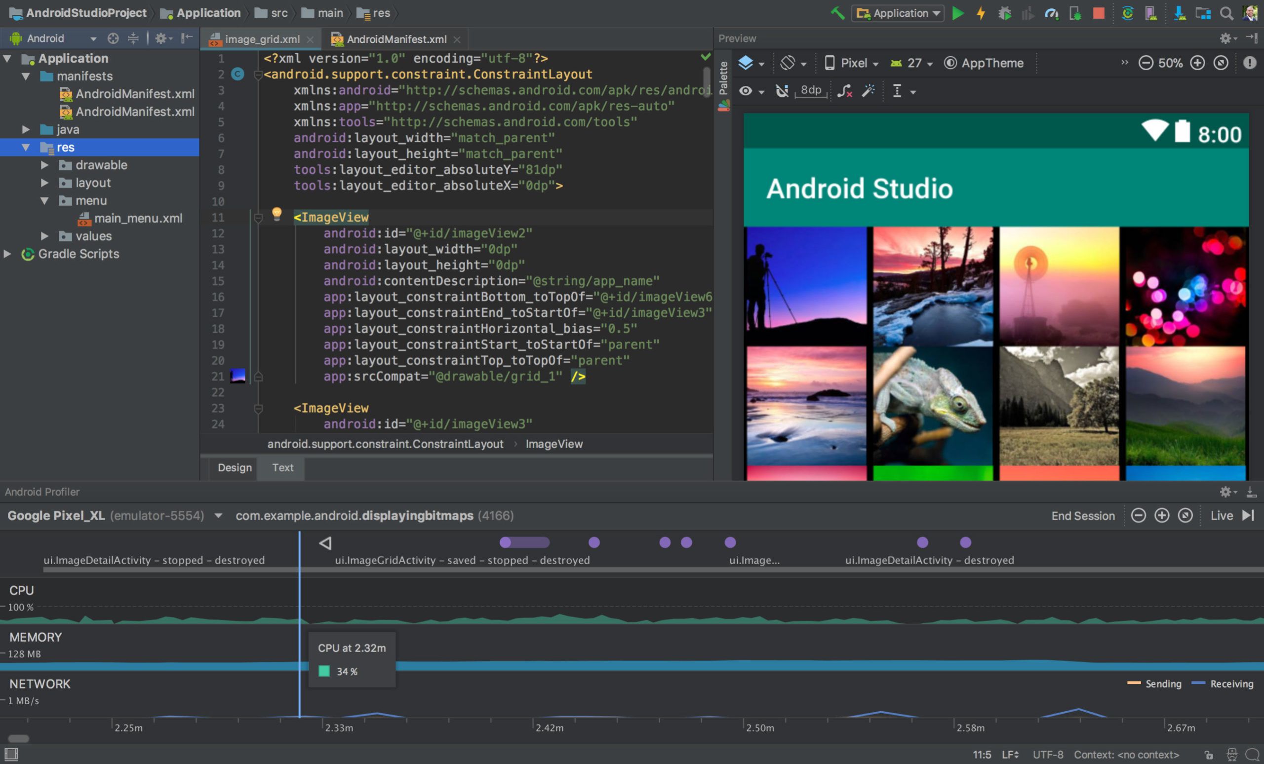 Screenshot of Android Studio with command line tool and app preview window opened