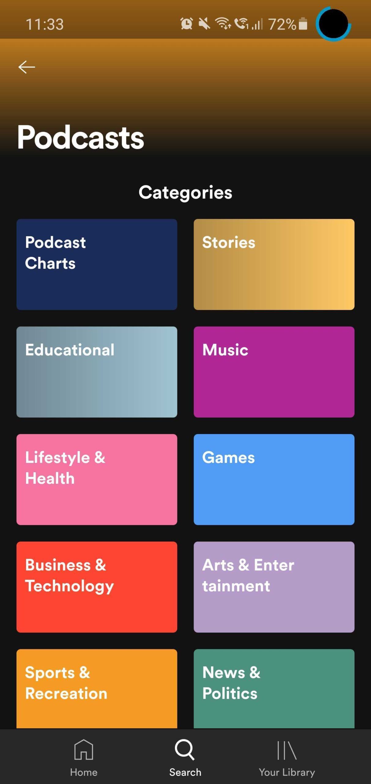 The podcast categories in Spotify