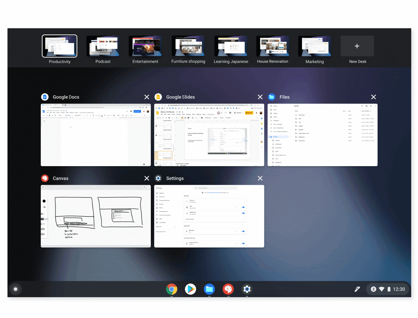 A tela de visão geral do aplicativo em um Chromebook com cinco aplicativos abertos e sete mesas virtuais abertas na parte superior da tela