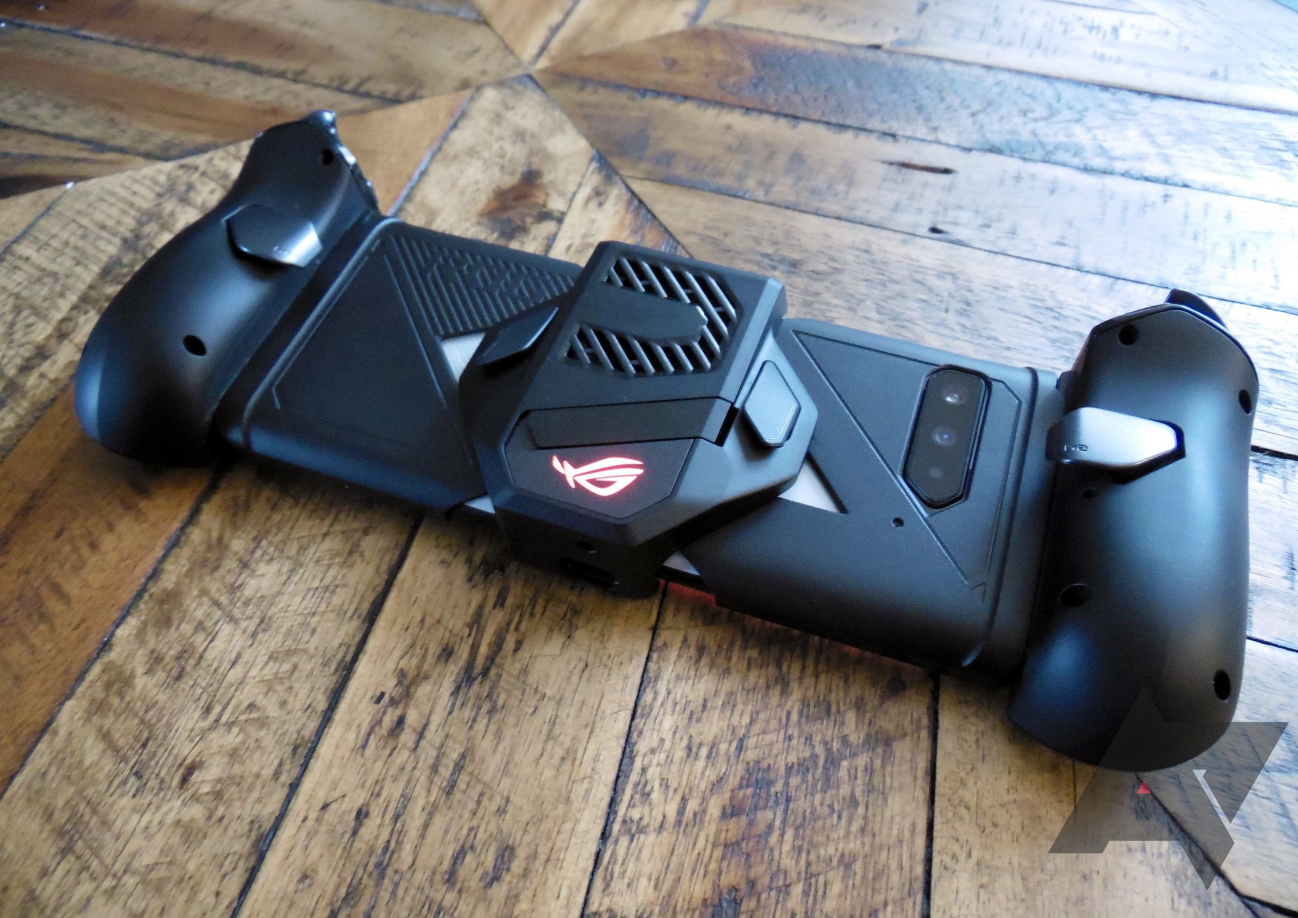 ASUS ROG Phone 5 with its fan and controller equipped