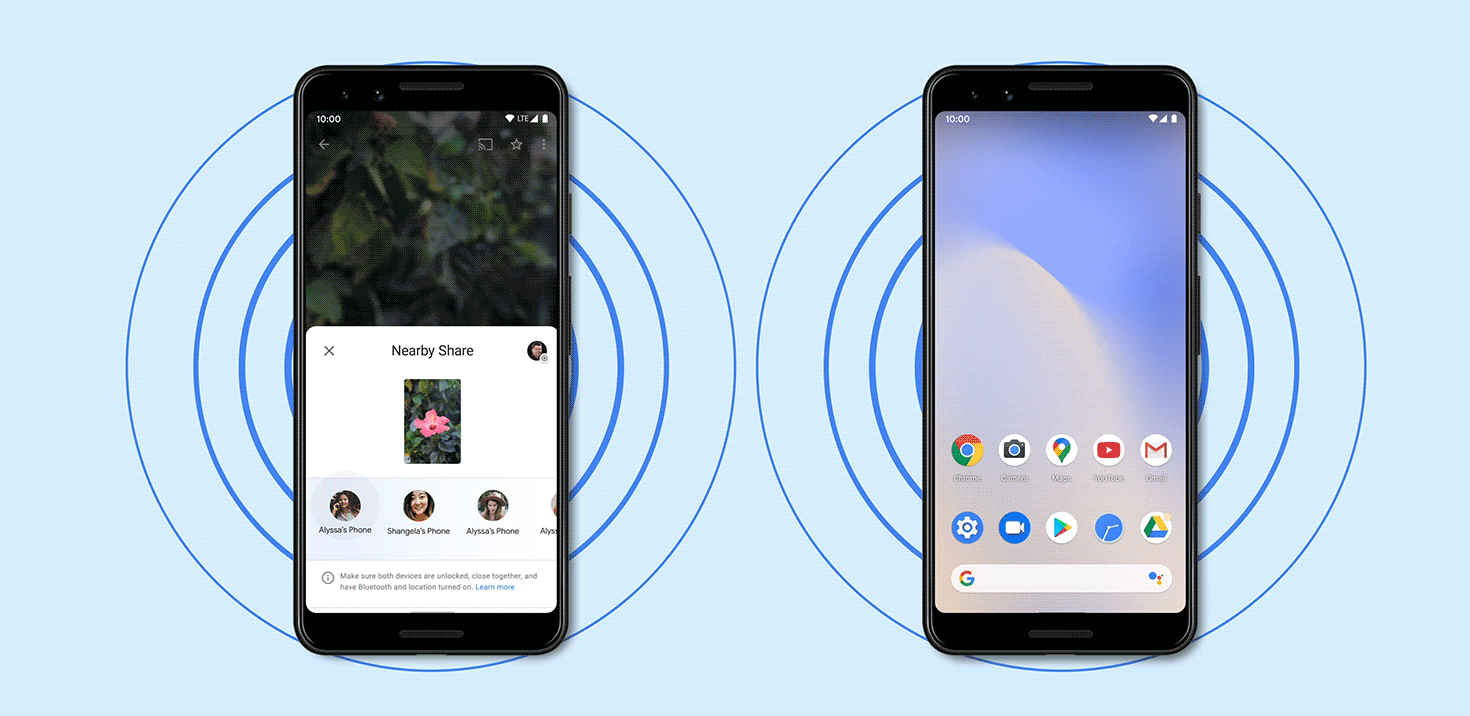 Uma imagem representando dois telefones Android um ao lado do outro usando o recurso Compartilhamento por proximidade com círculos concêntricos ao redor de cada telefone