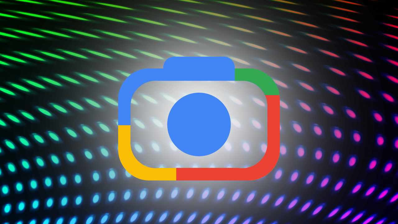 The Google Lens logo is depicted on a black background, featuring colorful dots surrounding a central shape. The logo represents the distinctive visual identity of Google Lens, a visually intelligent tool for Android devices.