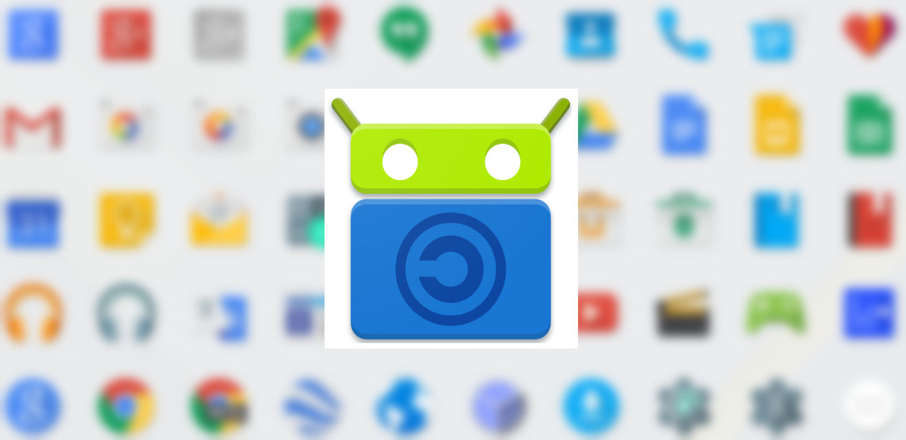 A grid library of blurred apps with a F-droid logo overlay