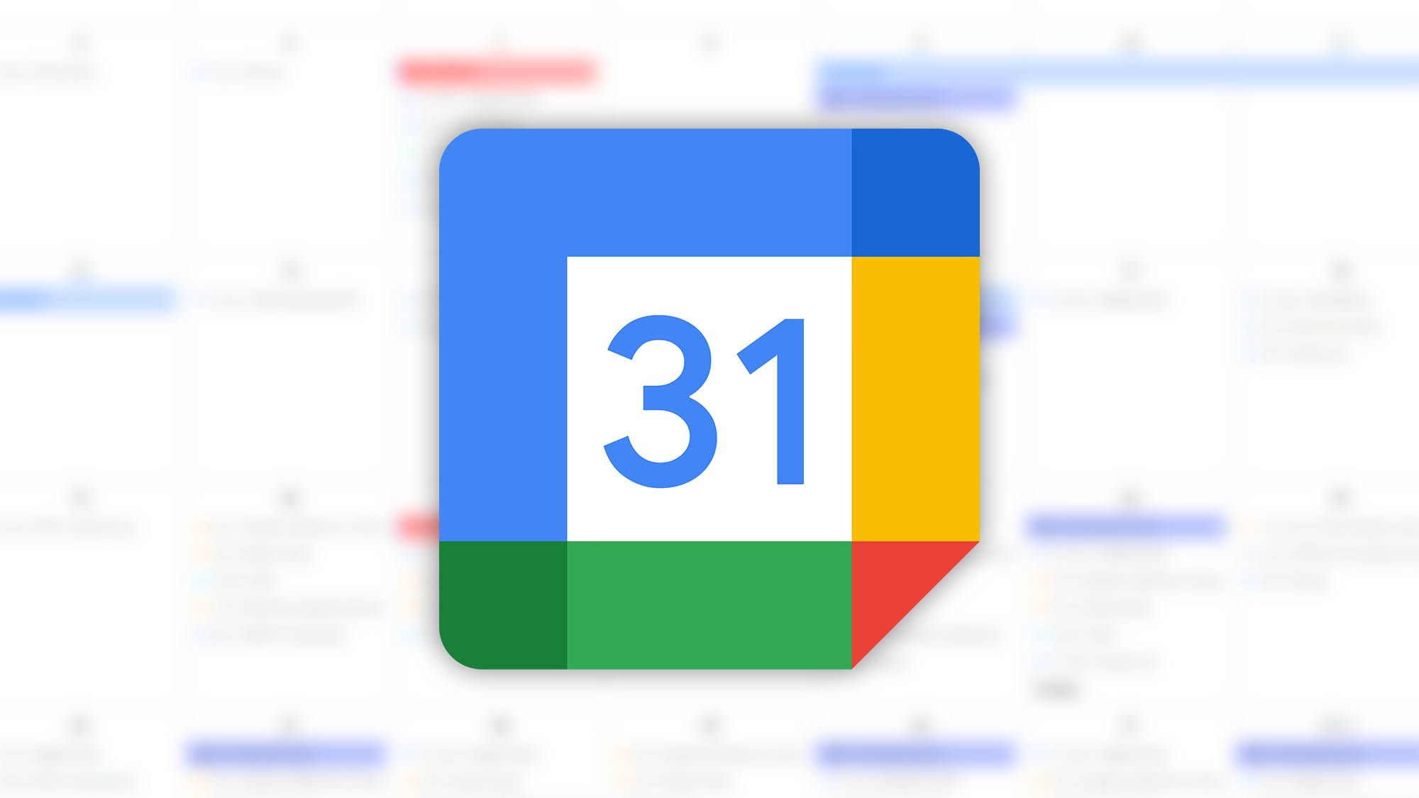 The Google Calendar logo on top of a blurred image of a calendar