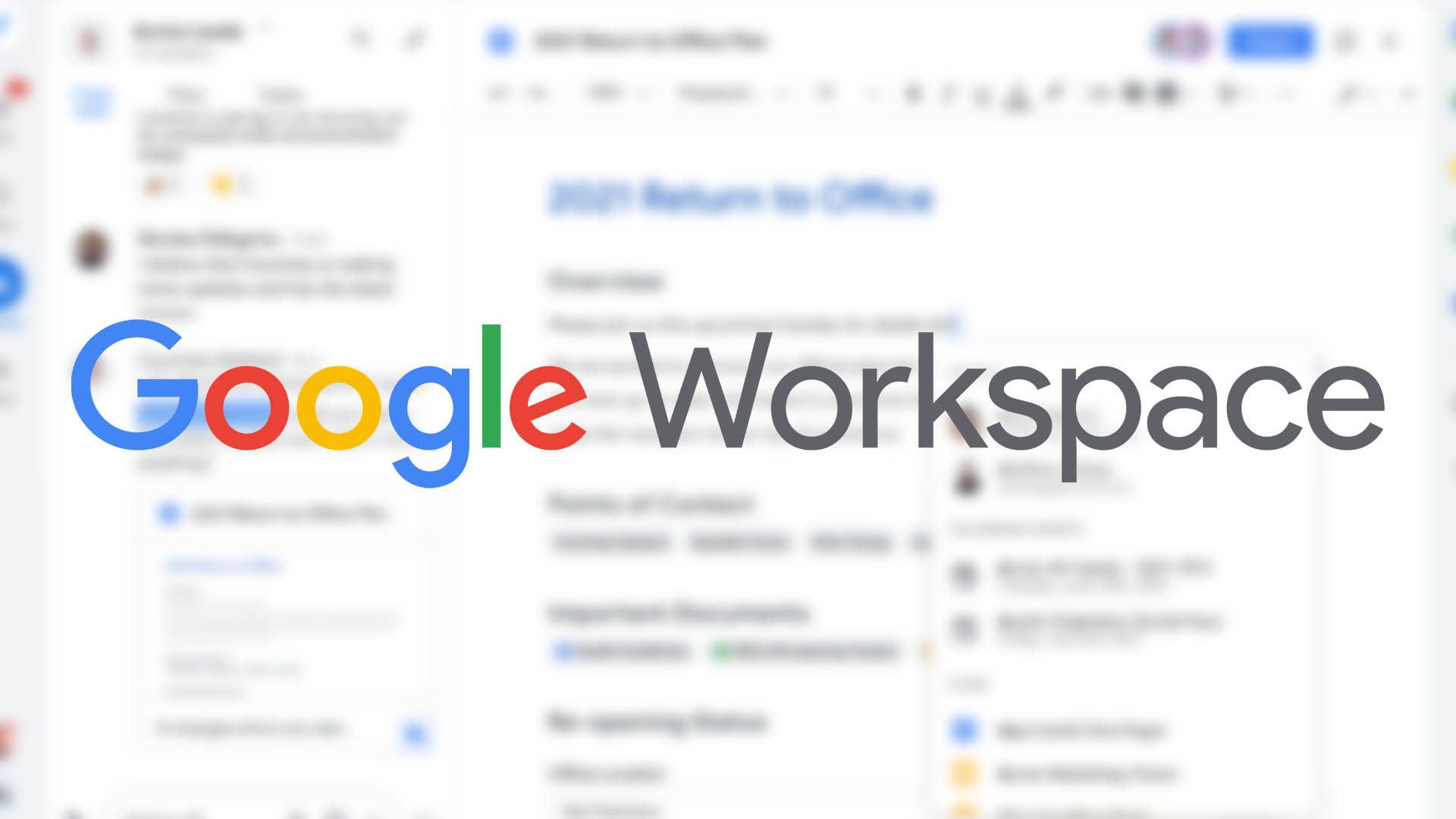 The Google Workspace logo on top of a blurred Google Gmail page