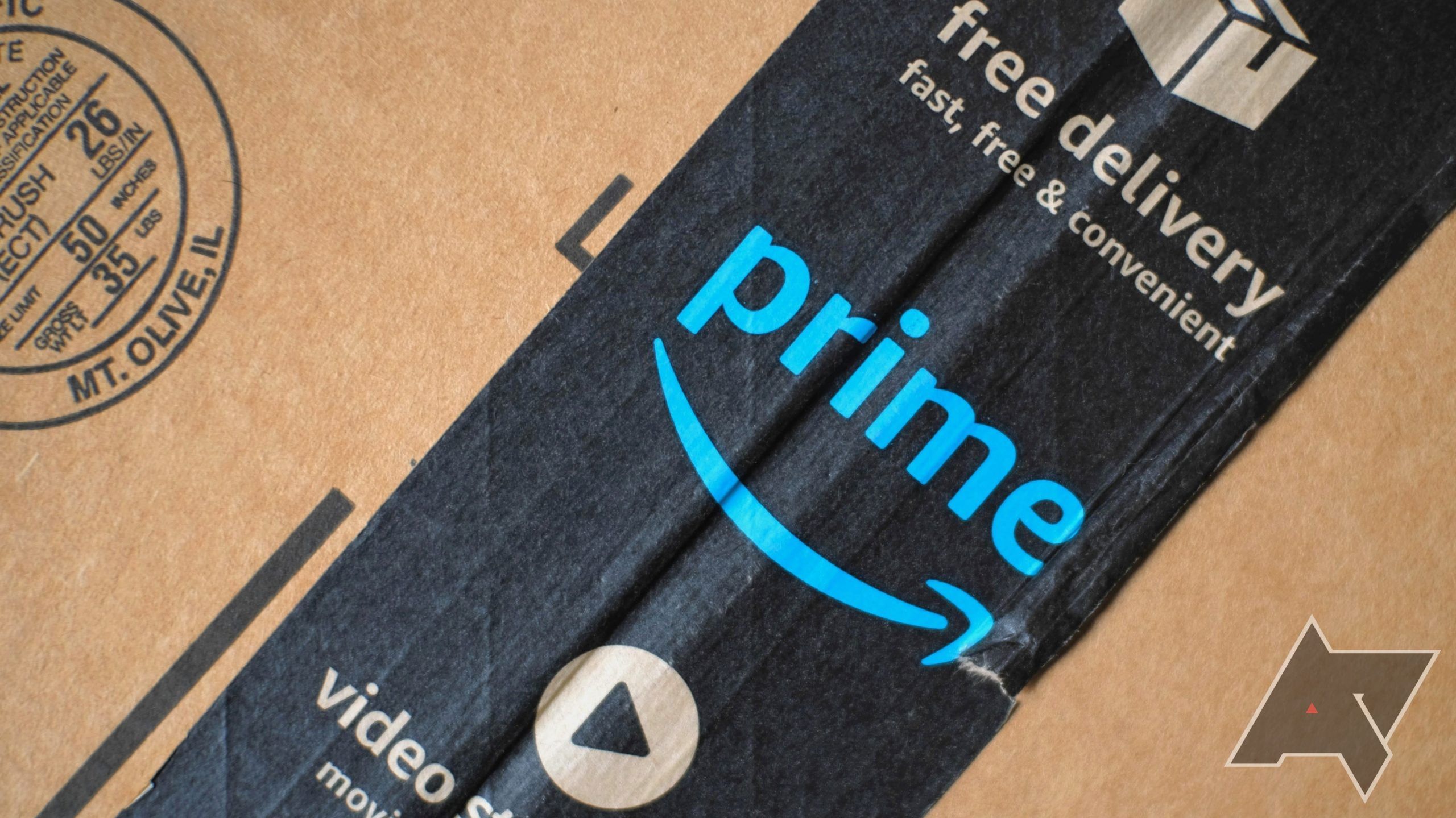 A close-up of the Amazon Prime logo on the tape of a shipping box