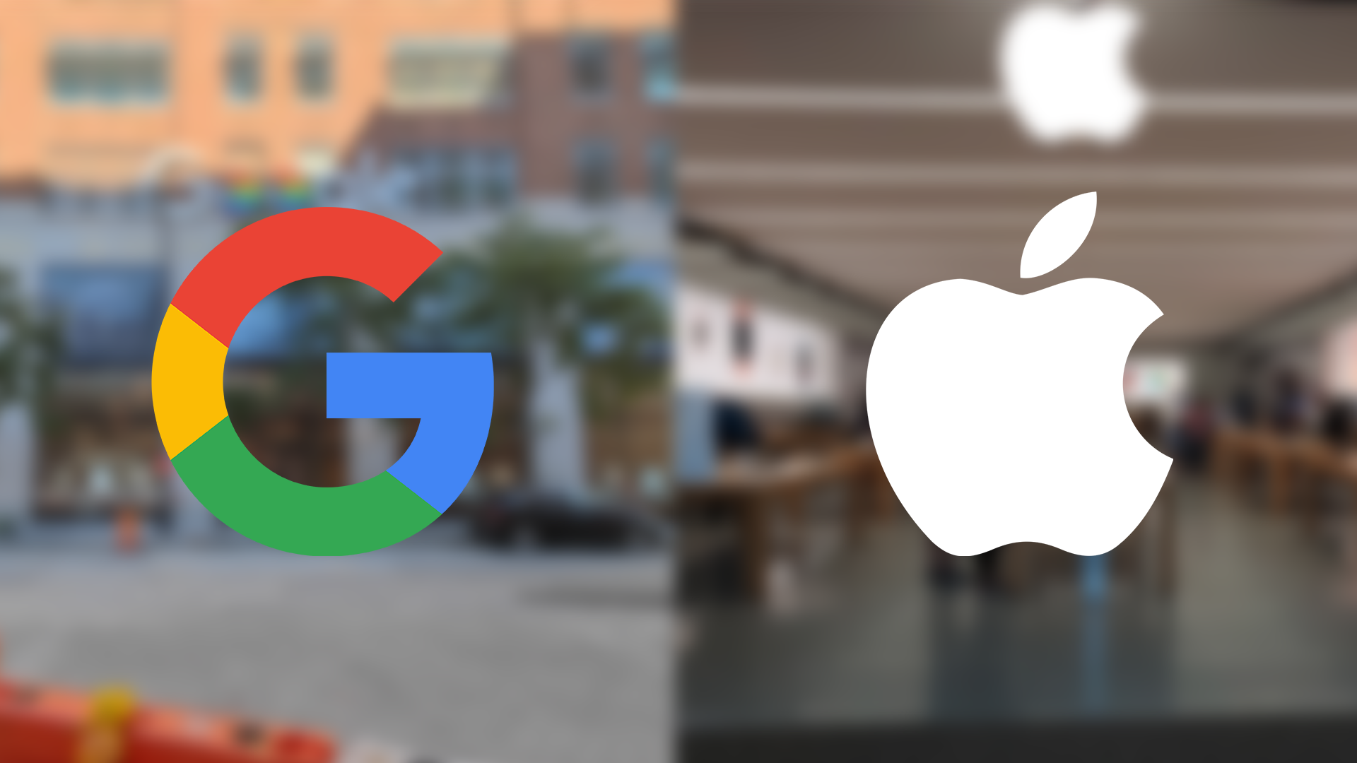 An Apple and Google logo next to each other with a blurred image of their respective stores in the background