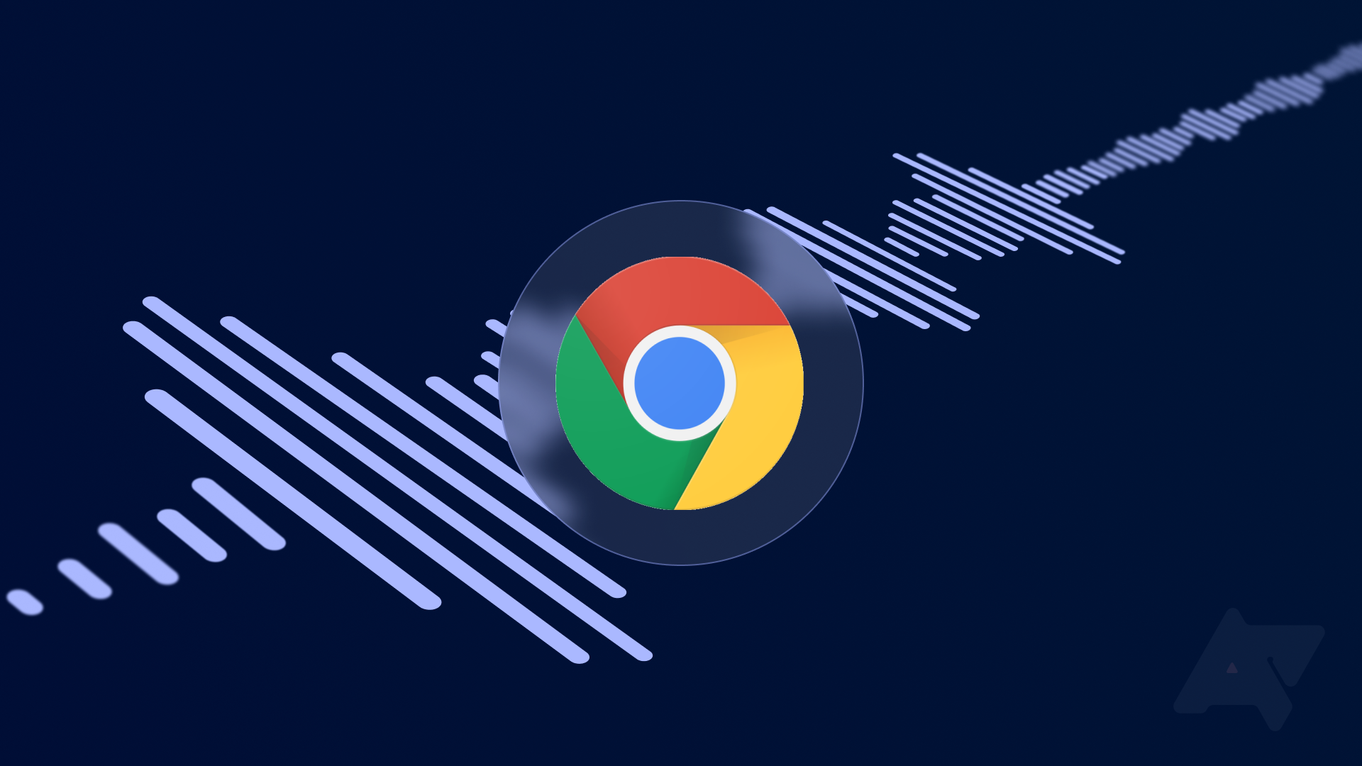 Illustration of the Chrome icon with a glass-like outline around it over a blue soundwave